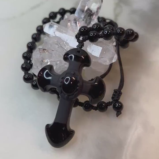 Obsidian Cross Pendant with Hand-Knotted Beaded Necklace - Unveil Spiritual Protection and Harmony