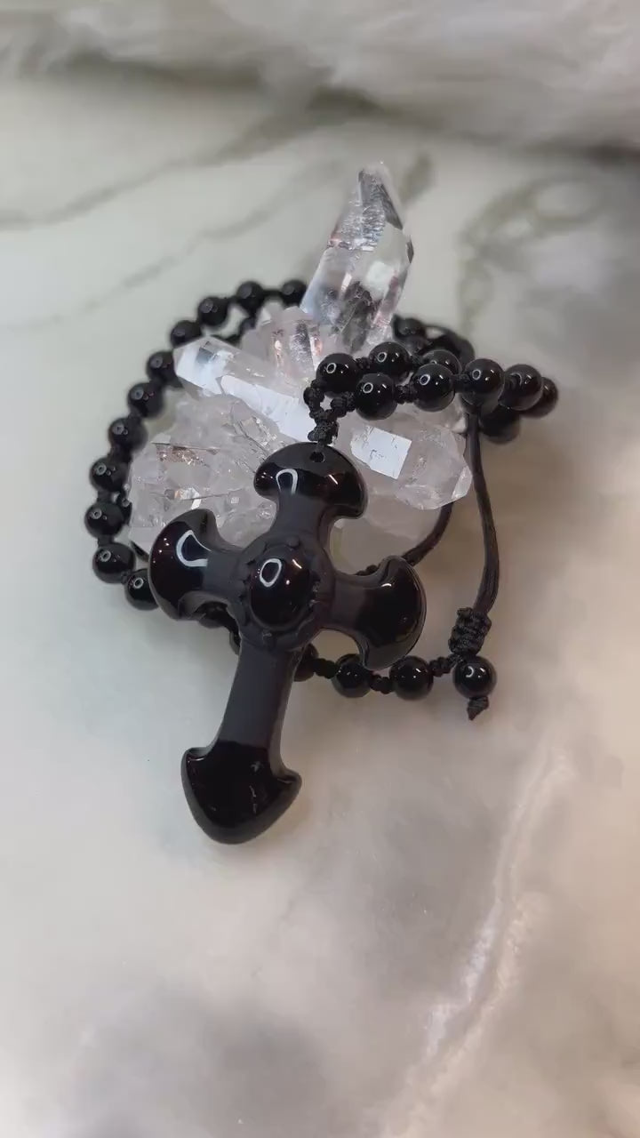 Obsidian Cross Pendant with Hand-Knotted Beaded Necklace - Unveil Spiritual Protection and Harmony