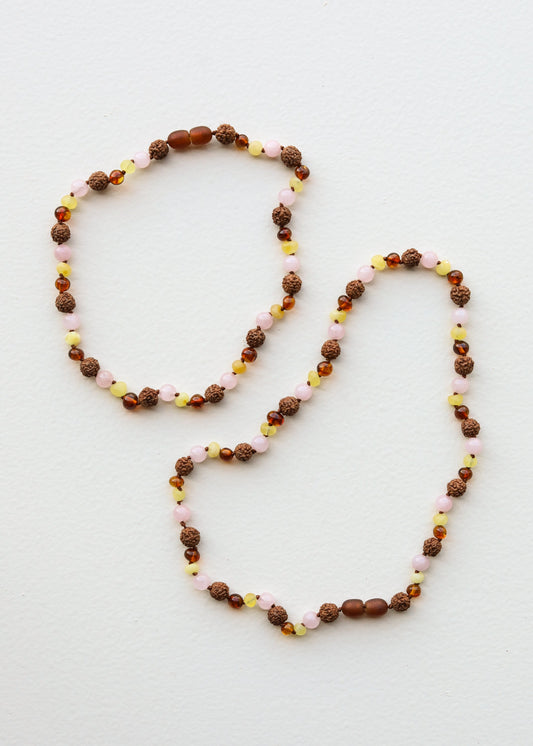 Cognac Baltic Sea Amber + Rudraksha || Rose Quartz || Necklace Set