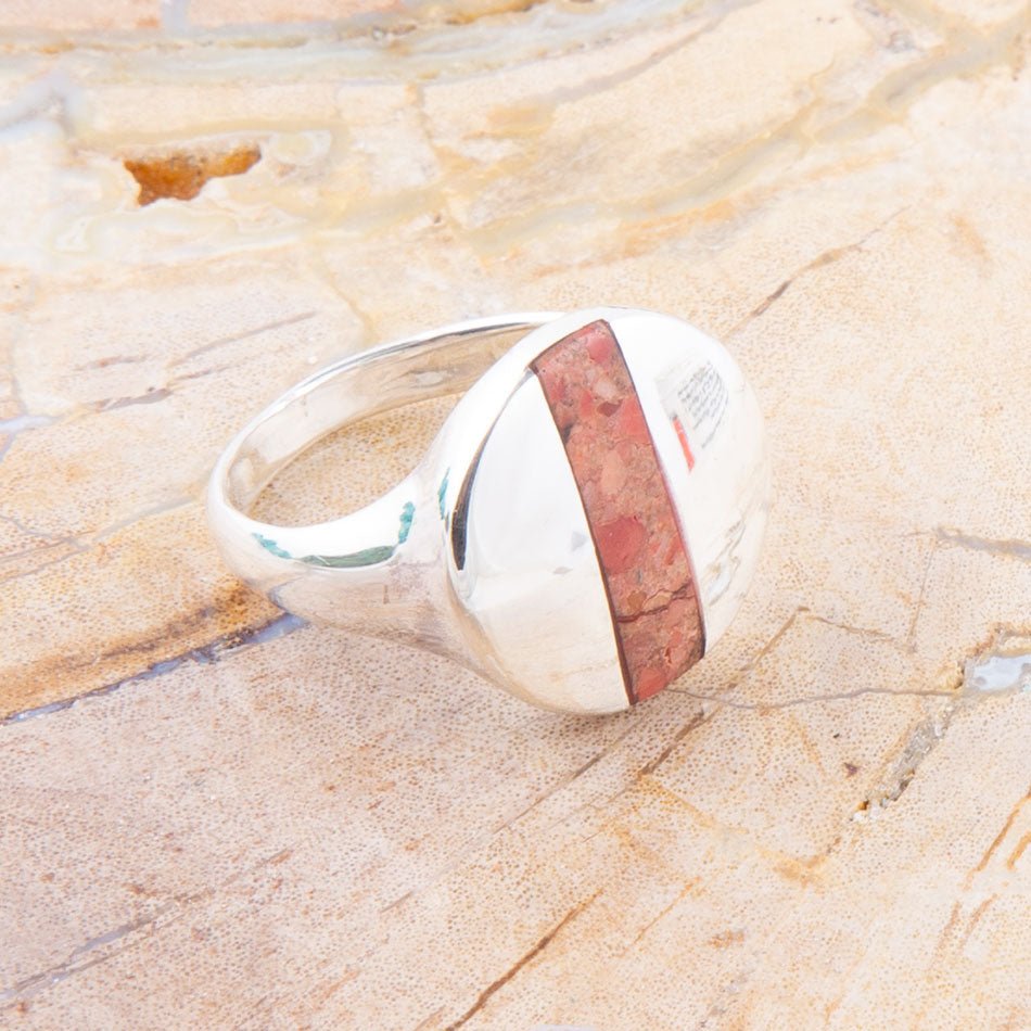 Signet Orange Sponge Coral and Sterling Silver Circle Ring