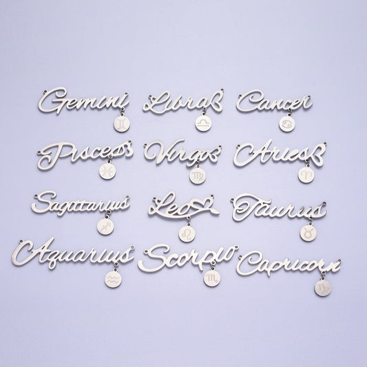 Silver Stainless Steel Zodiac Astrology Cursive Font Mini Symbol Connector Personalized Jewelry Making | A-A1385-A-A1390