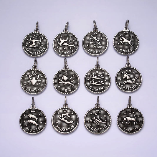 Stainless Steel Zodiac Astrological Sign Birth Star Constellation Dotted Round Silver Charm | A-A1229-A-A1234