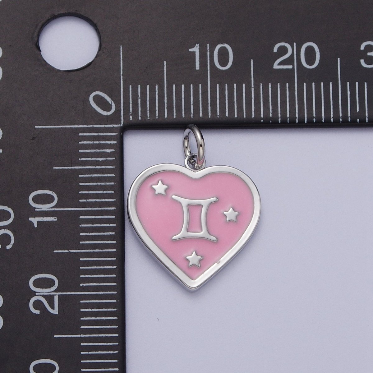 White Gold Filled Heart Pink Enamel Zodiac Constellation Astrology Birth Star Sign Silver Charm | A-A1737-A-A1742