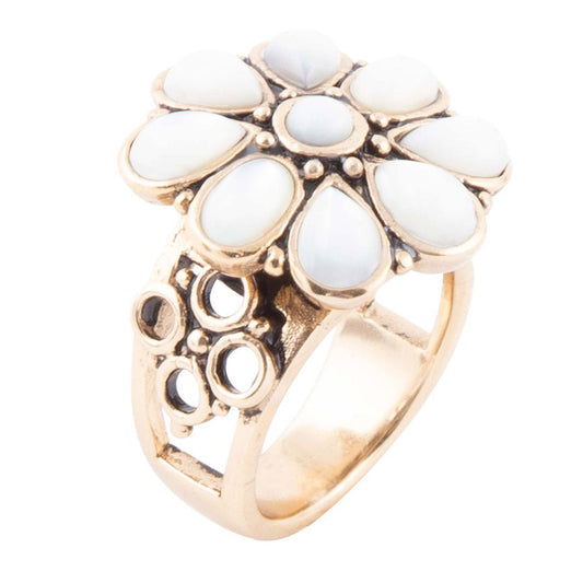 White Hibiscus Mother of Pearl and Golden Ring