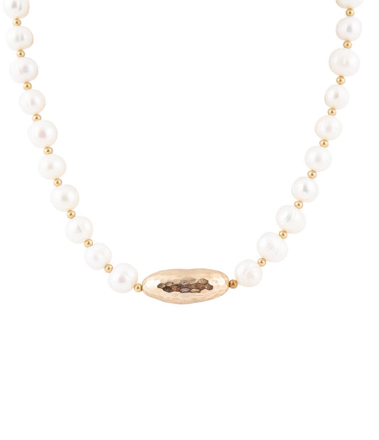 White Pearl Golden Beaded Strand Necklace
