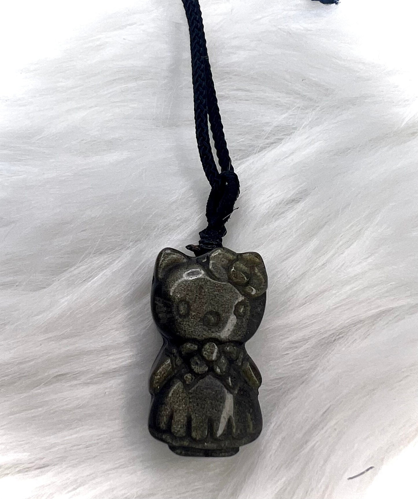 Obsidian Kitty Carving Pendant | Nostalgic Kawaii Crystal HK with Cord Necklace | Protectively Adorable Kawaii Anime Crystal Carving HK