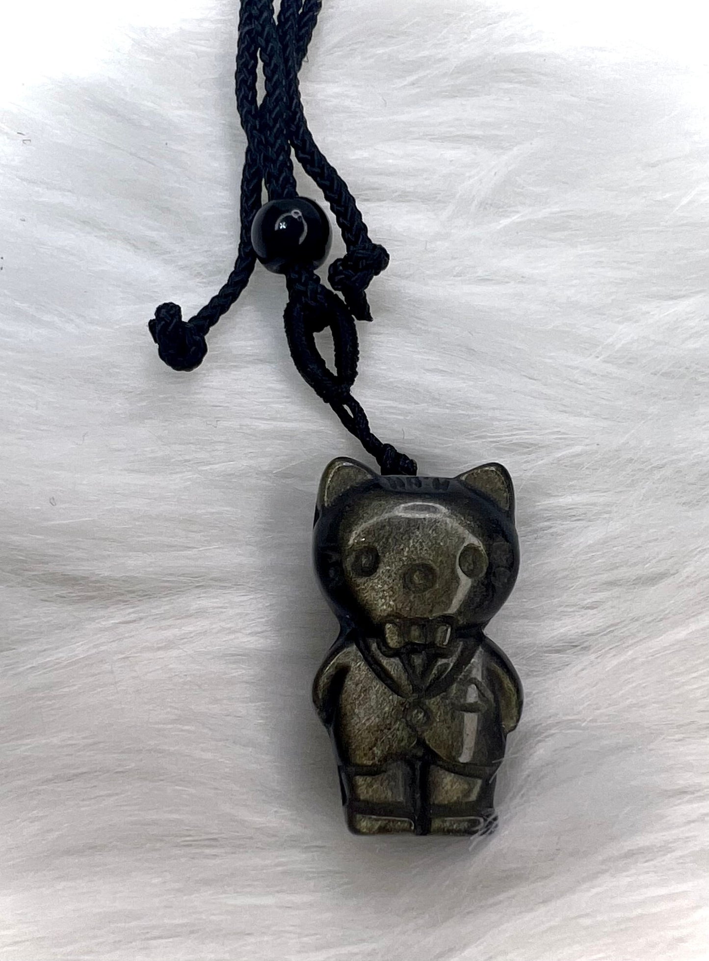 Obsidian Kitty Carving Pendant | Nostalgic Kawaii Crystal HK with Cord Necklace | Protectively Adorable Kawaii Anime Crystal Carving HK