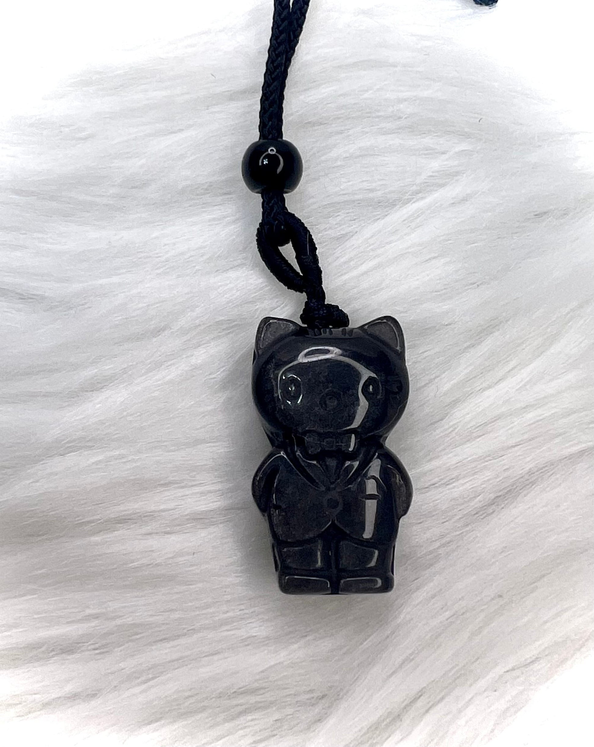 Obsidian Kitty Carving Pendant | Nostalgic Kawaii Crystal HK with Cord Necklace | Protectively Adorable Kawaii Anime Crystal Carving HK