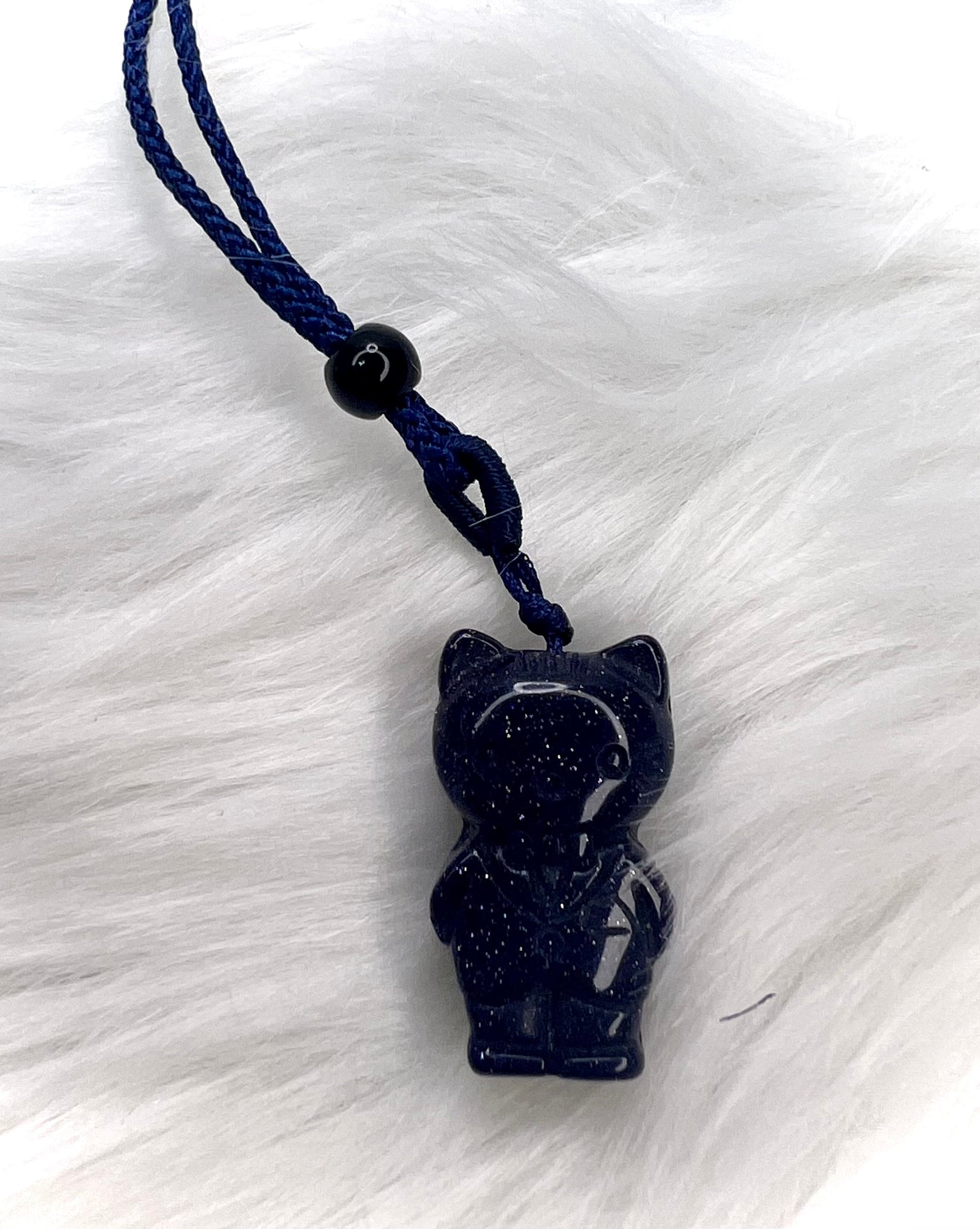 Obsidian Kitty Carving Pendant | Nostalgic Kawaii Crystal HK with Cord Necklace | Protectively Adorable Kawaii Anime Crystal Carving HK