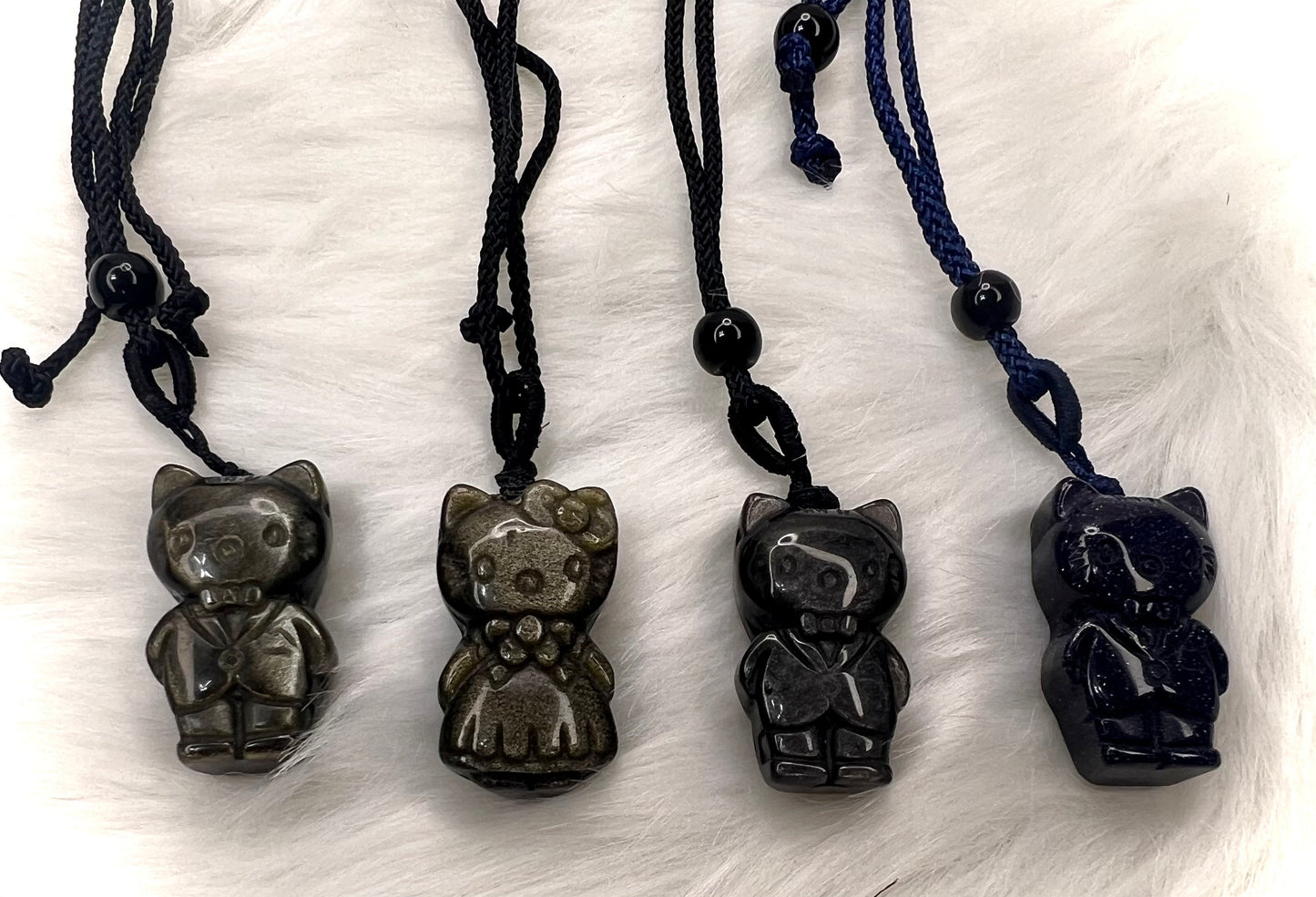 Obsidian Kitty Carving Pendant | Nostalgic Kawaii Crystal HK with Cord Necklace | Protectively Adorable Kawaii Anime Crystal Carving HK