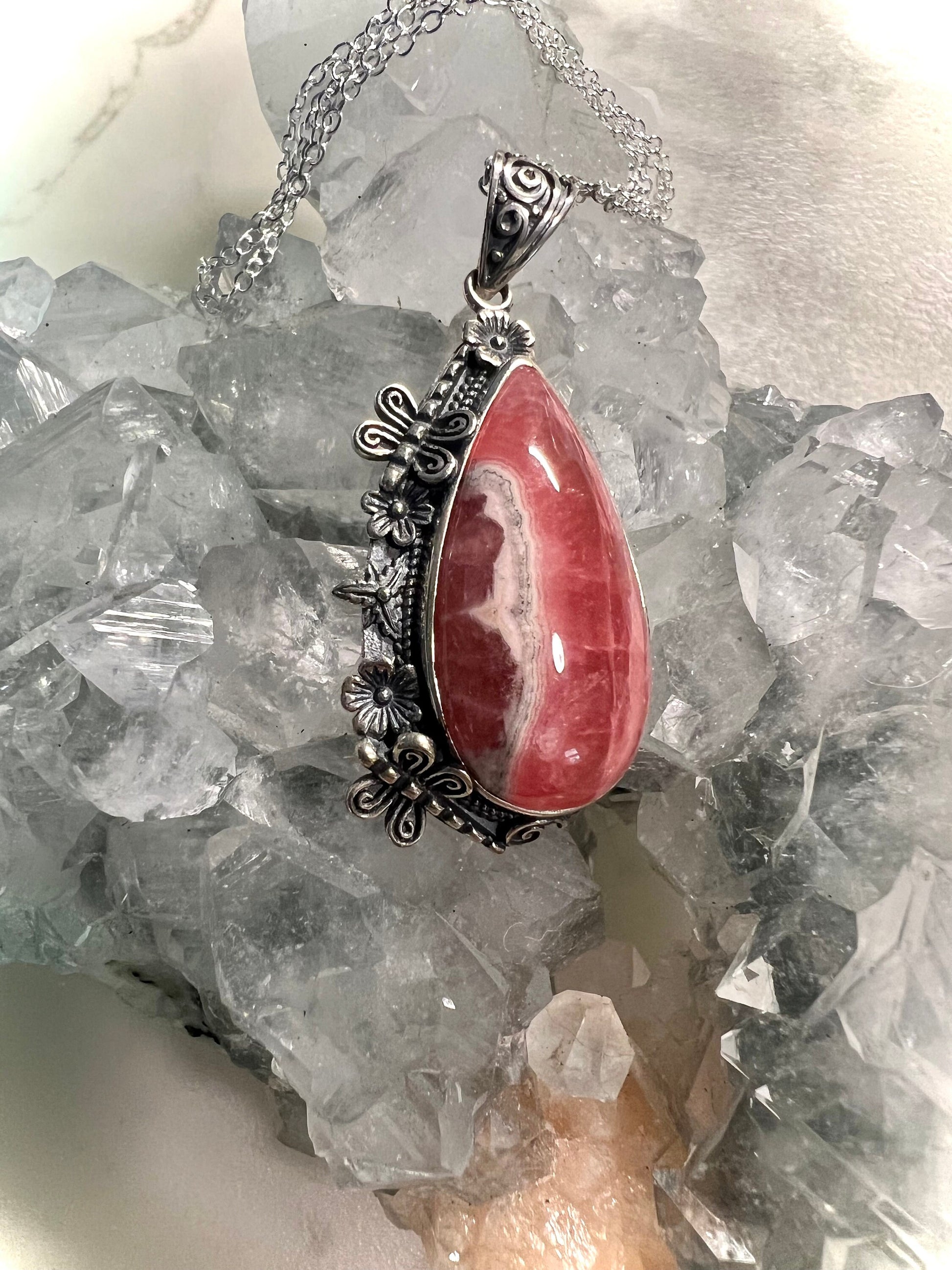 Rhodochrosite Silver Pendant | Handcrafted Gemstone Jewelry for Positive Energy | Statement Jewelry