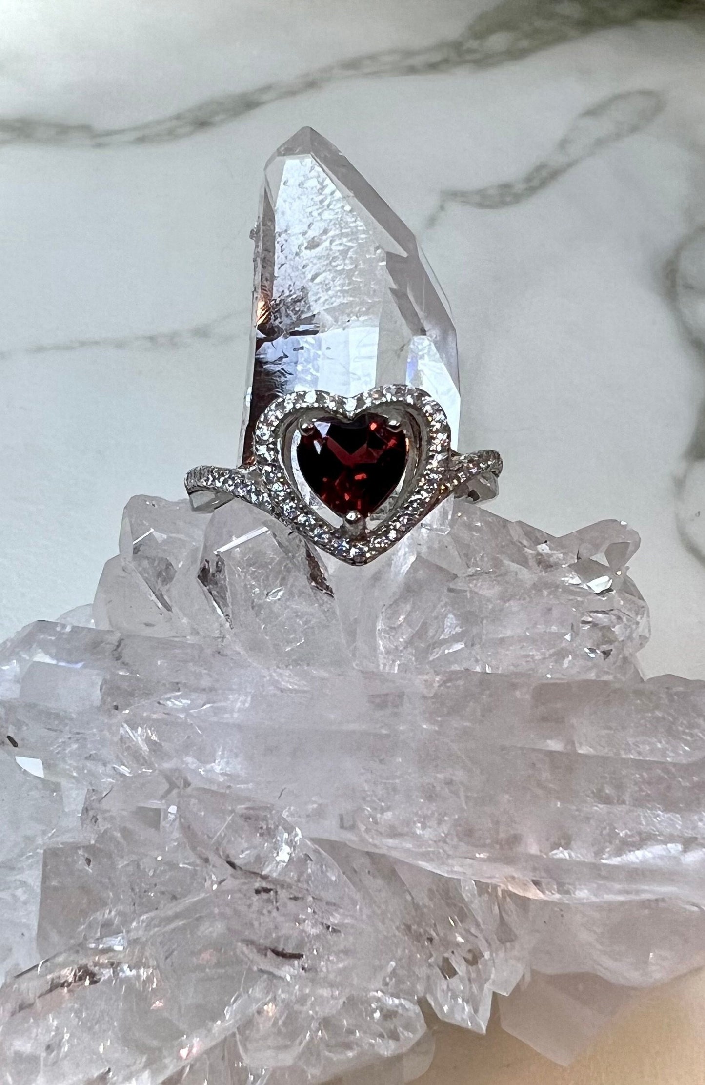 Faceted Heart Garnet Adjustable Ring | Sweetheart Vintage Style 925 Silver | Passion and Love