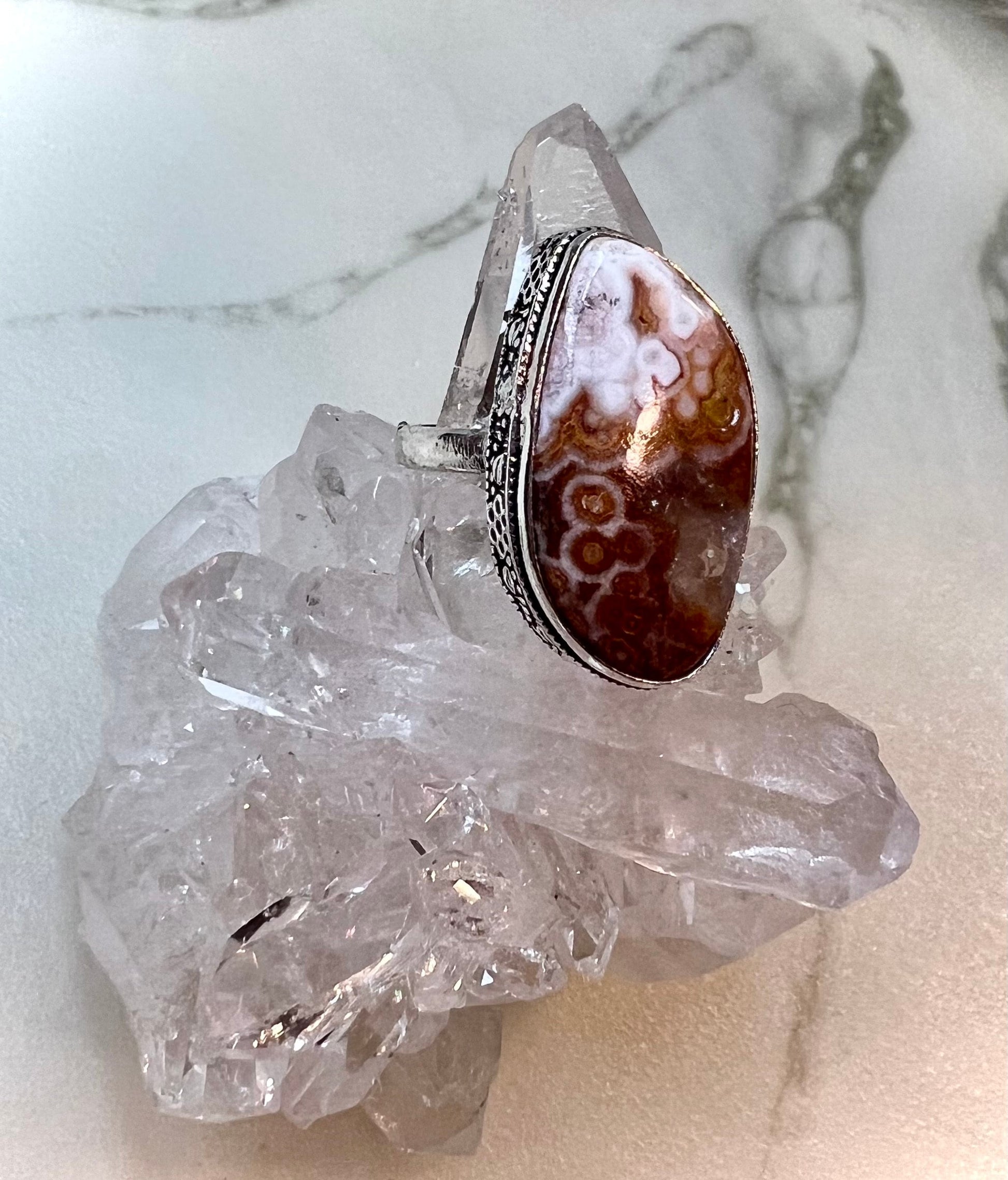 Ocean Jasper Size 9 Ring | Obicular 8th Vein | Mid Century Mod Style in 925 Silver