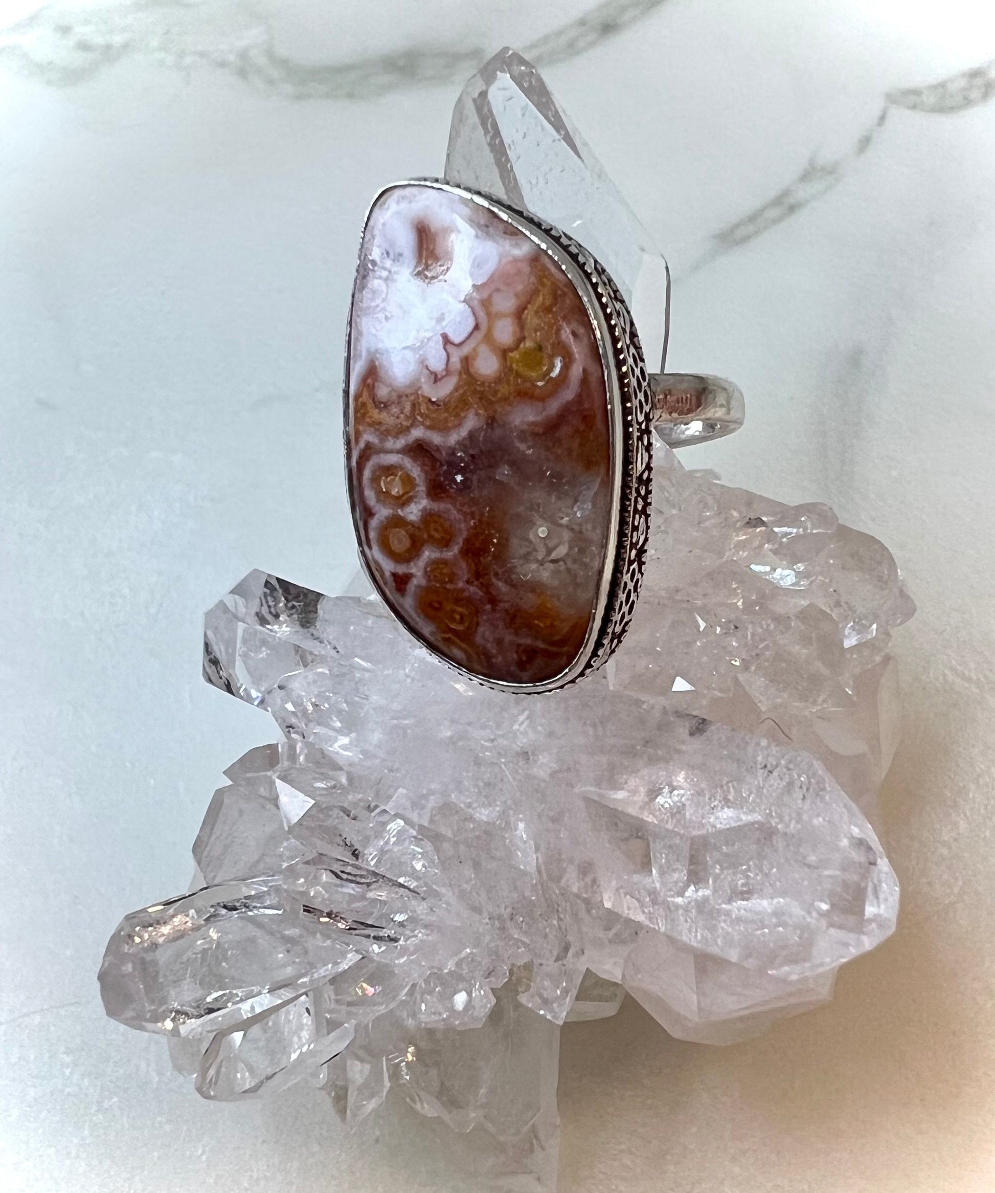 Ocean Jasper Size 9 Ring | Obicular 8th Vein | Mid Century Mod Style in 925 Silver