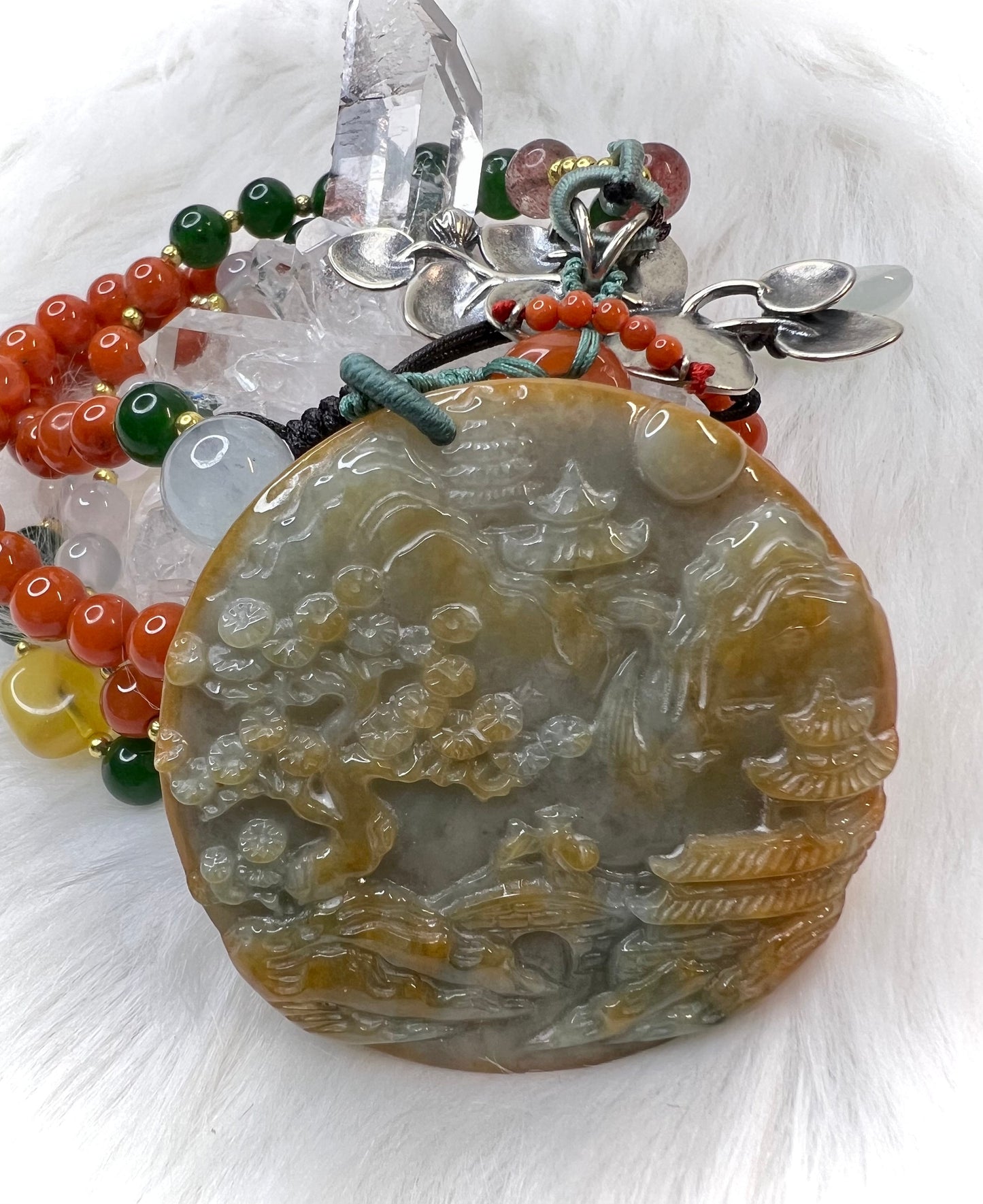 Burma Jade Pendant | Hand Carved Multicolored with Beaded necklace and 925 Silver Charm | Healing and Prosperity