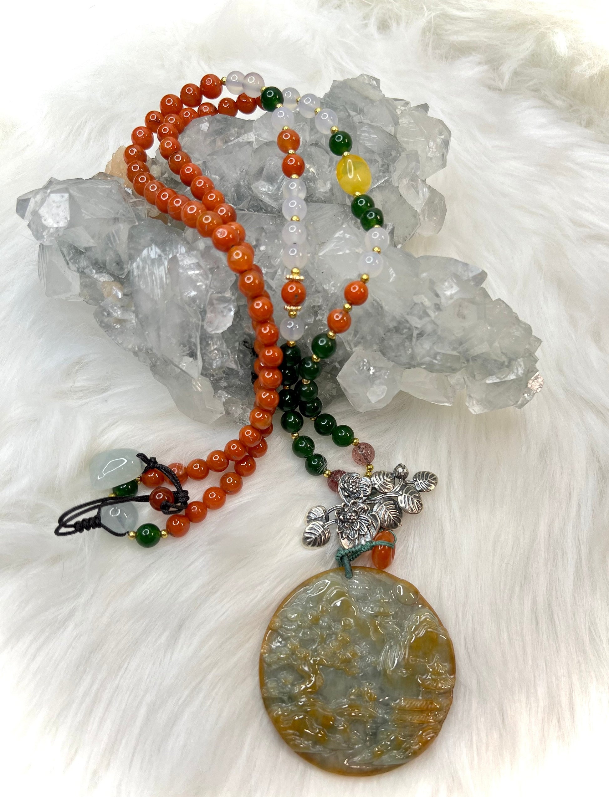 Burma Jade Pendant | Hand Carved Multicolored with Beaded necklace and 925 Silver Charm | Healing and Prosperity