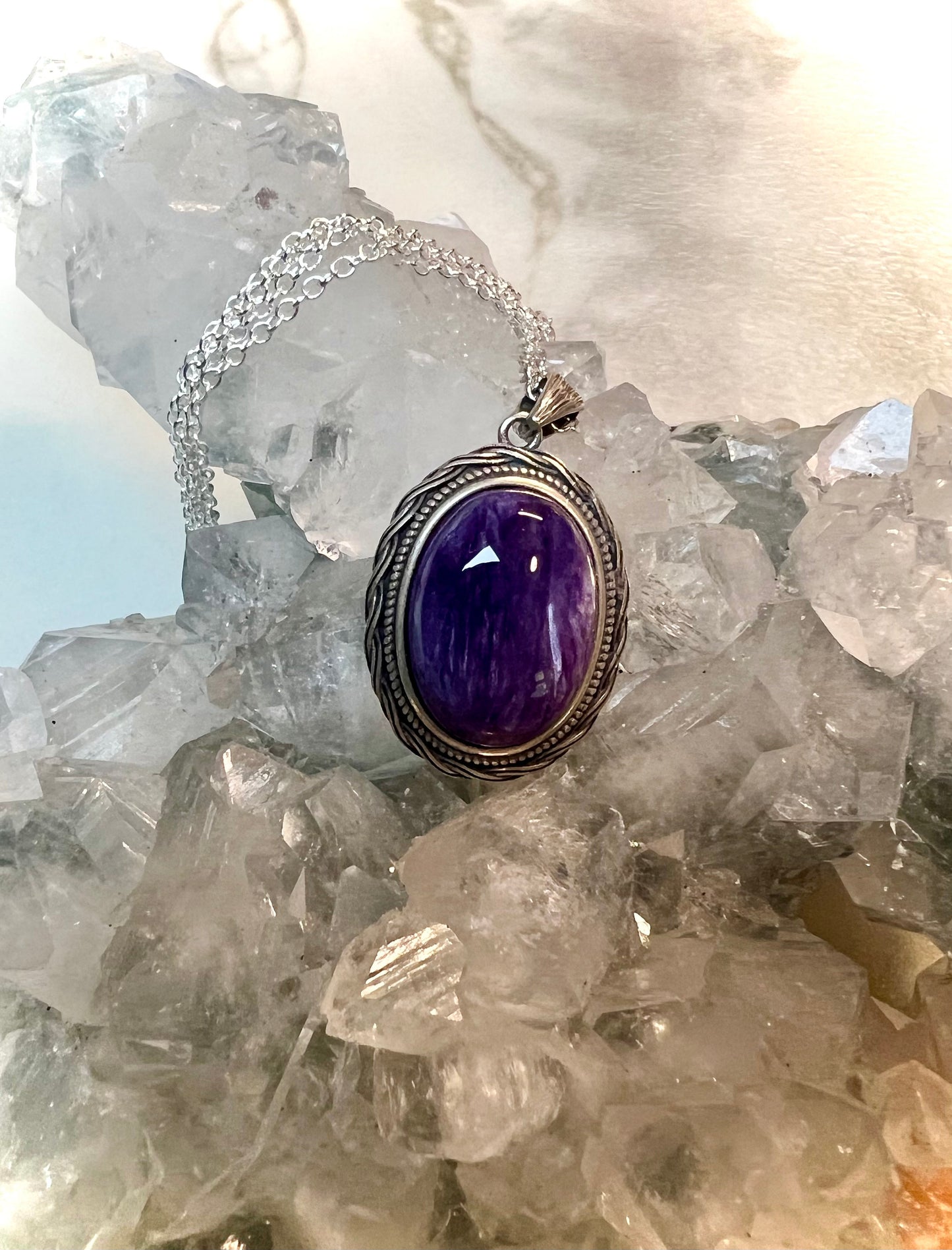 Charoite Silver Pendant Russian | Embracing Spiritual Transformation and Serenity