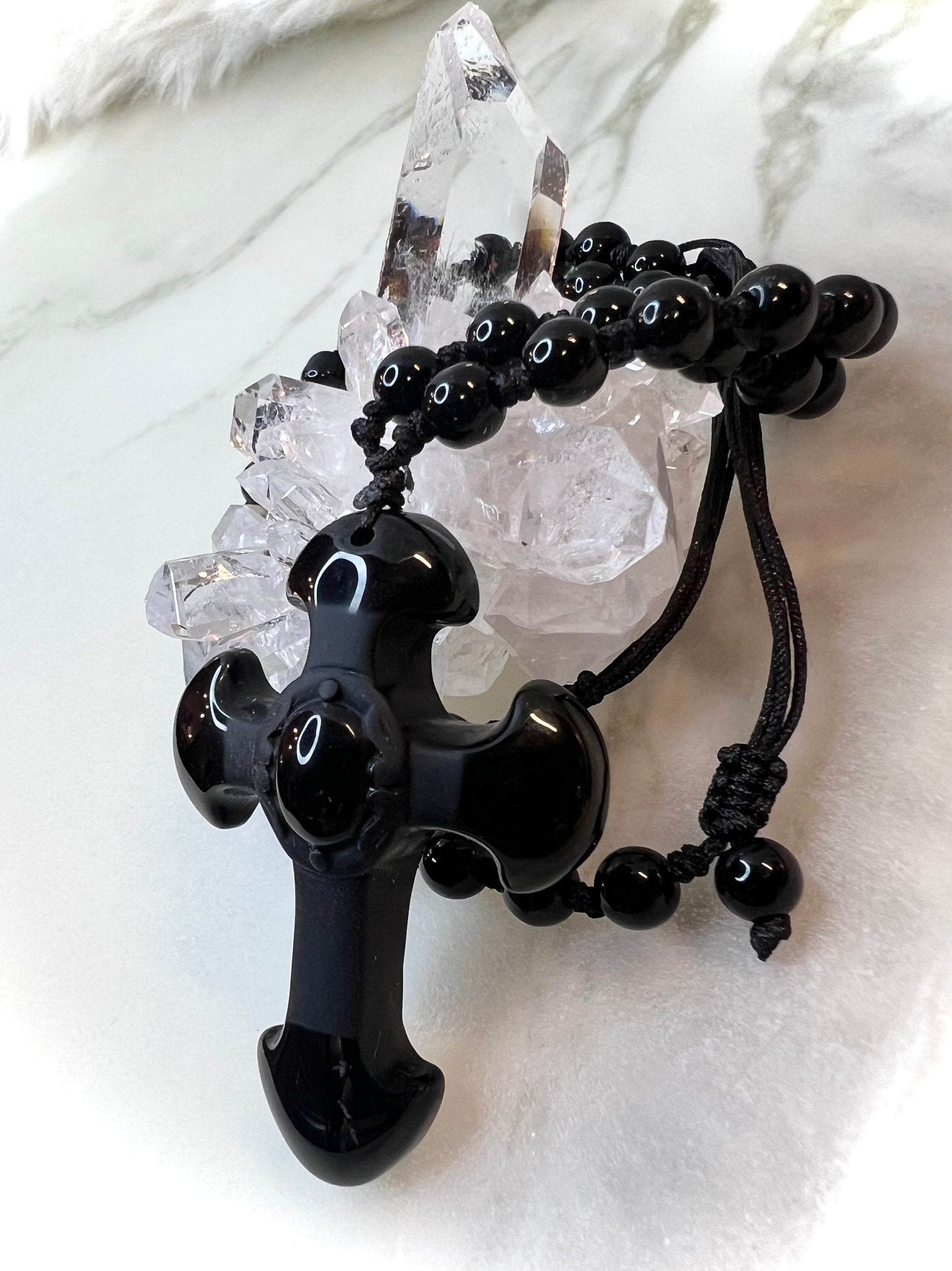 Obsidian Cross Pendant | with Hand-Knotted Beaded Necklace | Unveil Spiritual Protection and Harmony