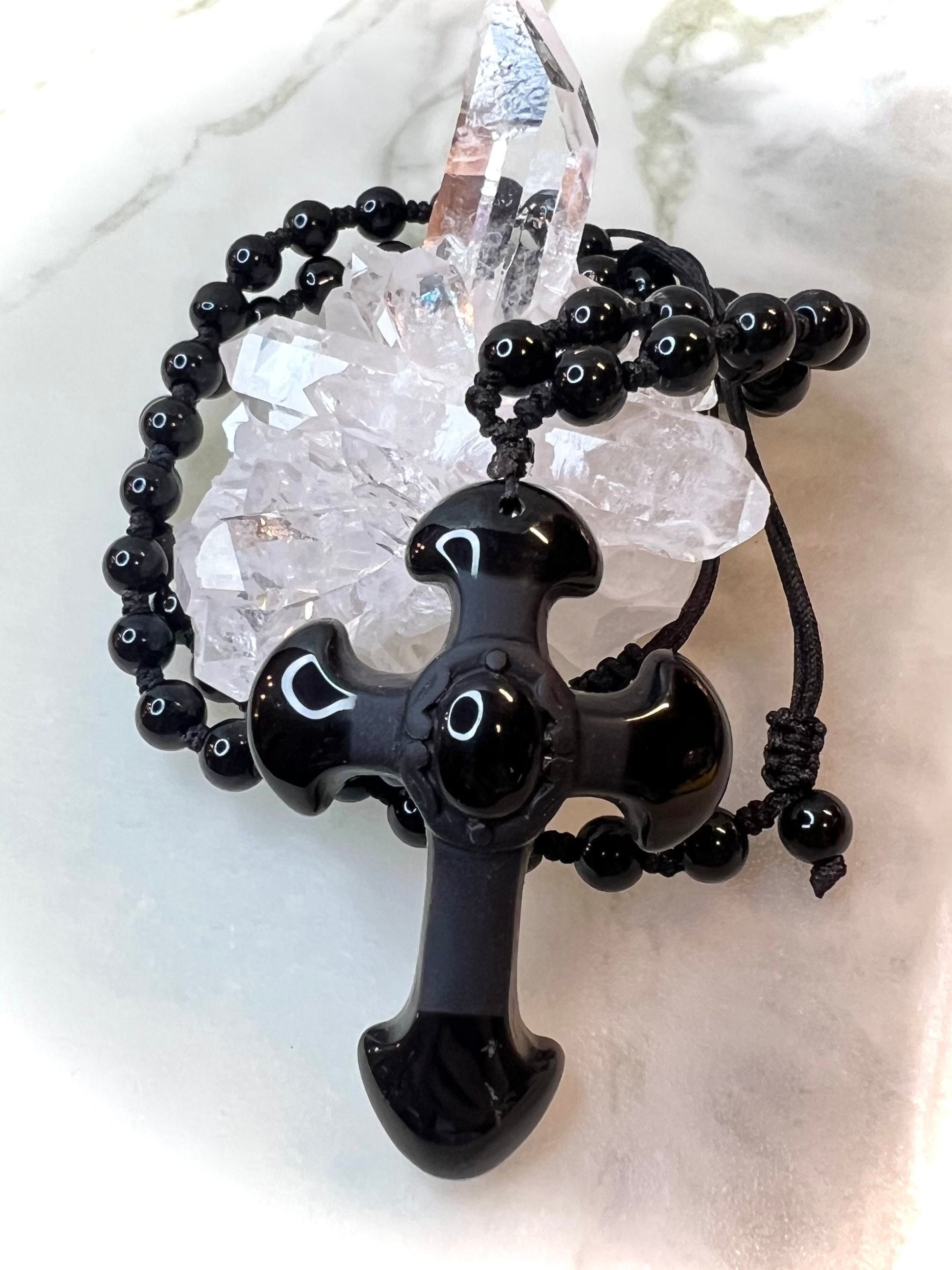 Obsidian Cross Pendant | with Hand-Knotted Beaded Necklace | Unveil Spiritual Protection and Harmony