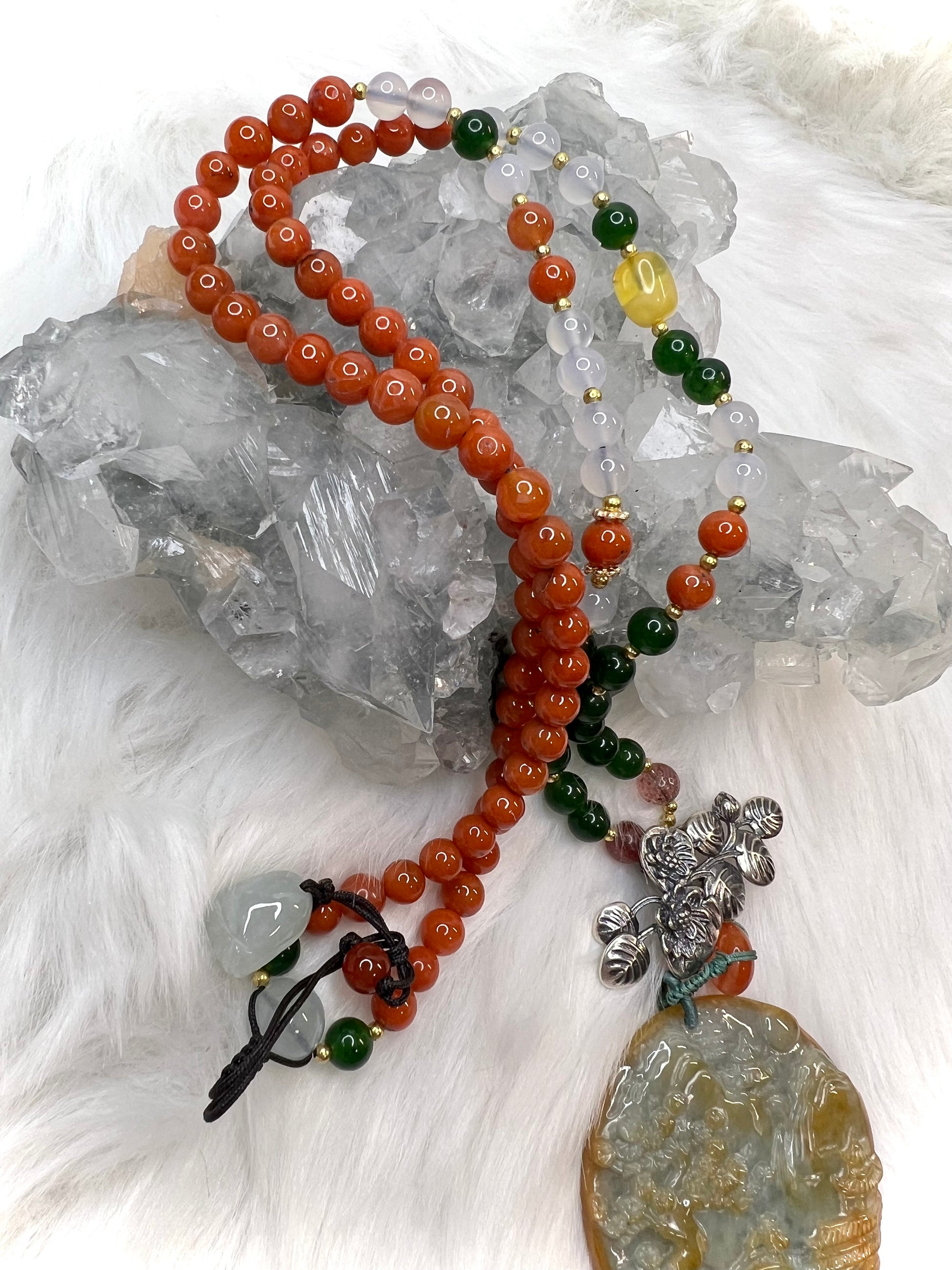 Burma Jade Pendant | Hand Carved Multicolored with Beaded necklace and 925 Silver Charm | Healing and Prosperity