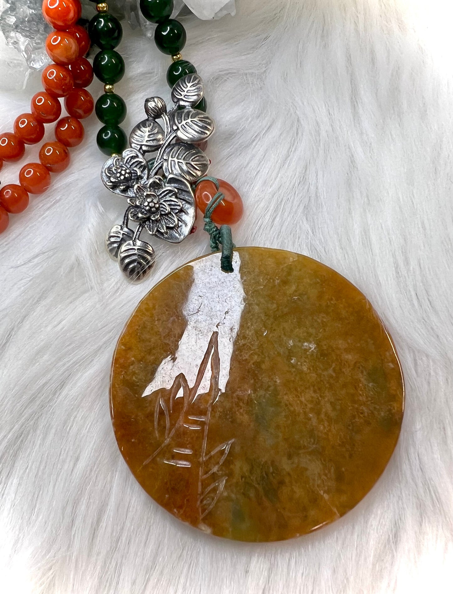 Burma Jade Pendant | Hand Carved Multicolored with Beaded necklace and 925 Silver Charm | Healing and Prosperity