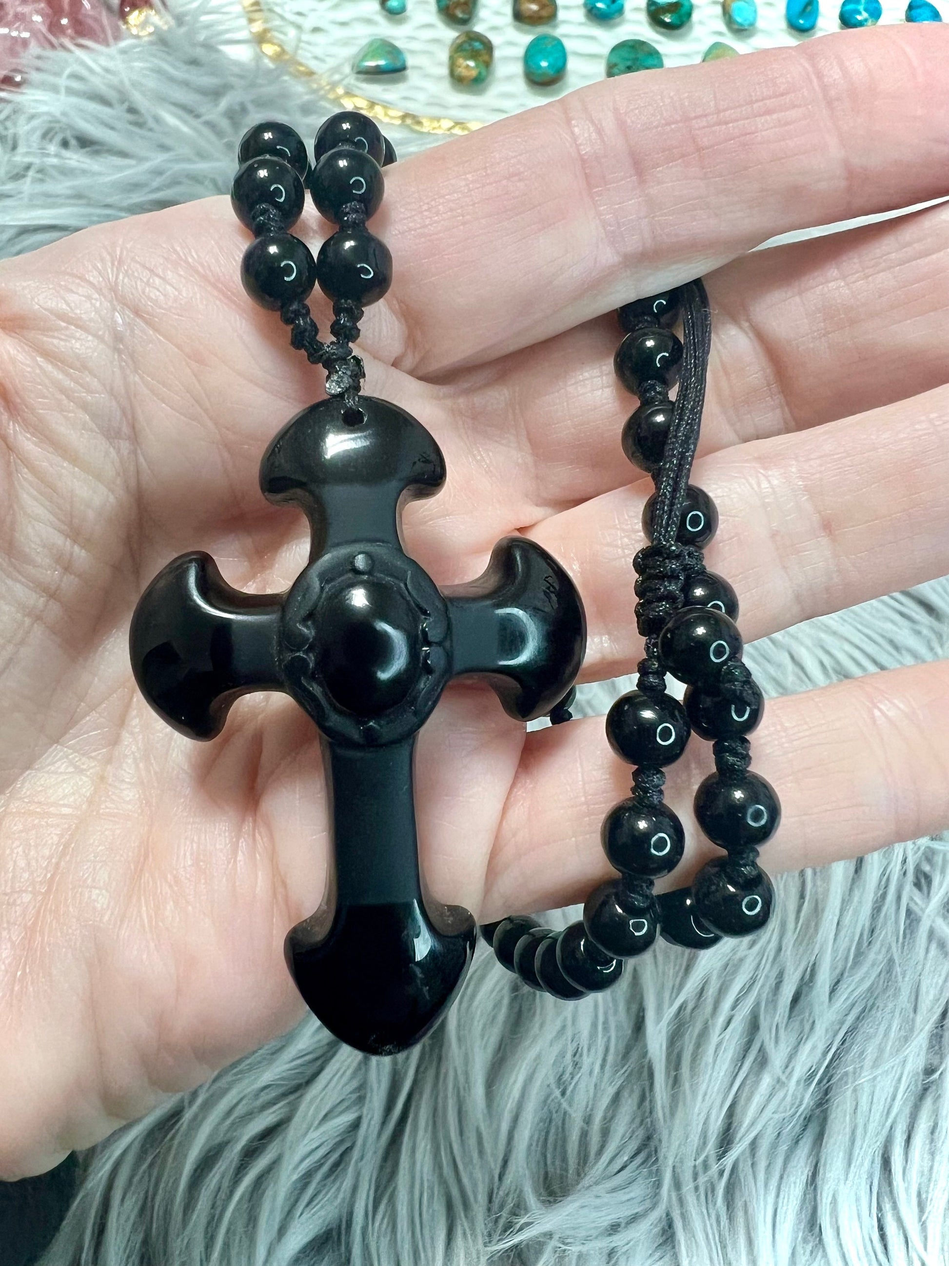 Obsidian carved cross pendant with beaded necklace